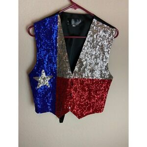 Sequin Texas Flag Vest Medium Silver Blue Red Patriotic Costume Party M